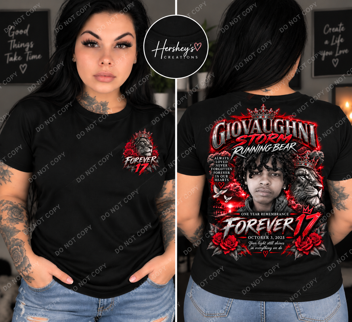 A split view showing a woman modeling a black graphic T-shirt from the front and back. The shirt features a red and white memorial-style design with the text 'Giovaughni St.